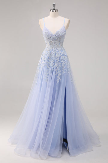 Lavender A Line Spaghetti Straps Tulle Beaded Long Formal Dress with Slit